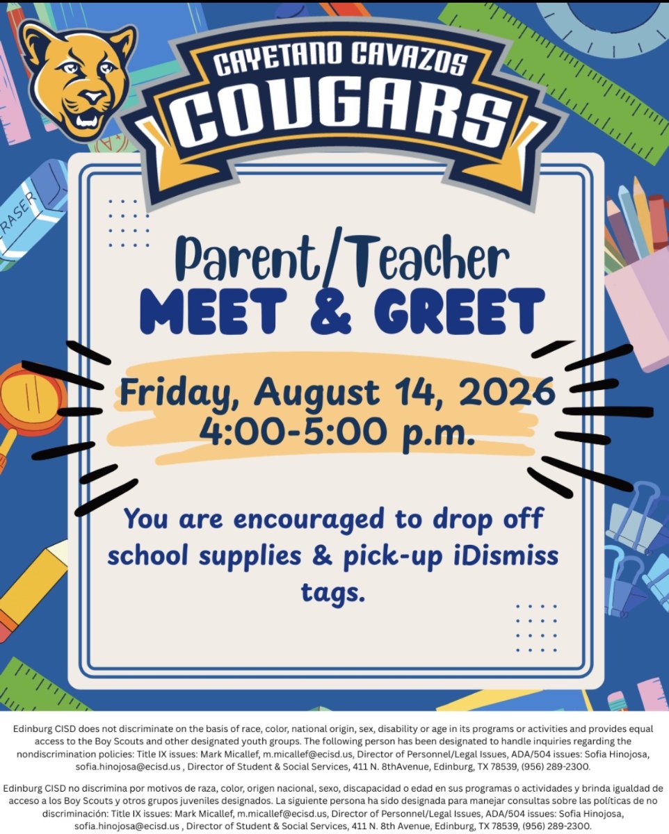 Parent meet and greet Aug. 14th 4-5